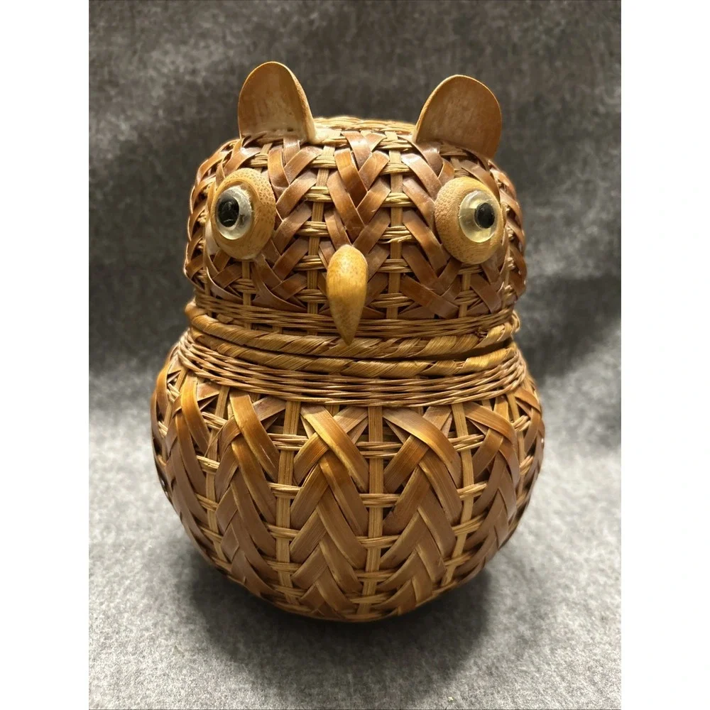 Vintage Mid Century Woven Wood Wicker OWL Lidded Basket Storage Trinket Box 8
